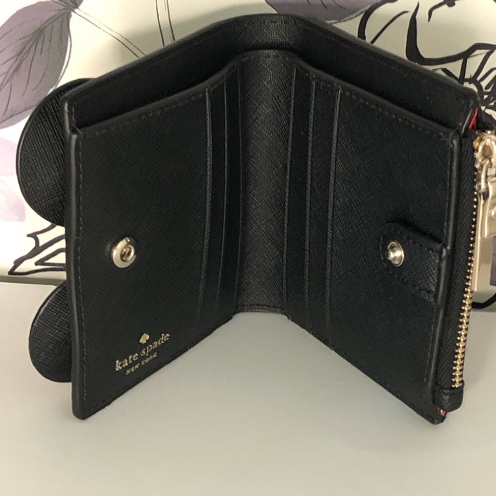 Kate Spade Disney Minnie Mouse Bow Adalyn Leather Bifold Compact Wallet Black - Picture 9 of 16